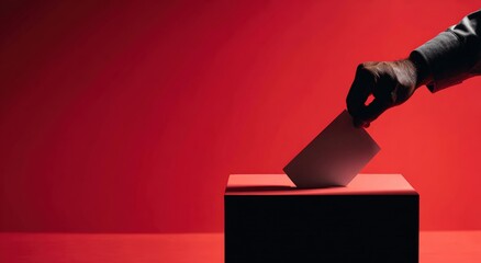 A hand casting a ballot into a voting box against a crimson backdrop