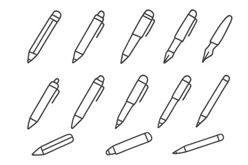 Pen and pencil line icon set. Collection of writing and drawing tools for school and office. Simple outline stationery vector illustration. Minimalist design elements.