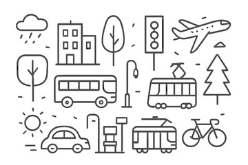 Urban life doodle icon set. City transportation and building elements in minimalist line art style. Vector collection of car, bus, tram, plane, and bicycle icons.