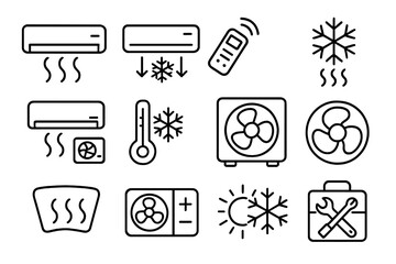 Set of cooling air conditioner icons, line art for graphic, web design, apps, ads, HVAC symbols, air cooling system, remote control, temperature, fan, heat, cold concept, repair tools vector