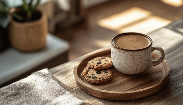 Coffee And Cookies Sitting Nicely On The Table, Ready To Be Enjoyed In A Cozy Setting With Friends Or Solo. A Perfect Treat! - Powered by Adobe