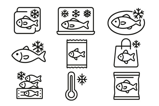 Set of frozen fish line icons, outline signs for graphic design, web, apps, adverts, frozen seafood packaging, cold storage, fish product vector illustration, winter food symbols