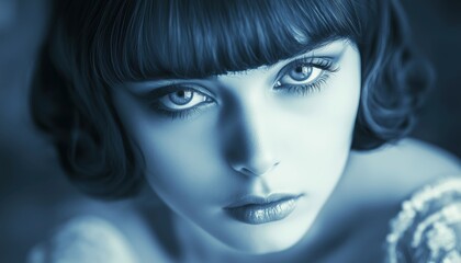 Young Flapper Woman Dreaming Of The Roaring 20s, Gazing Into The Camera With A Blue Tinted Image. Beautiful Lady Portrait.