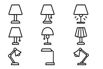 Table and desk lamp line icon set. Vector linear symbols of light fixtures for home interior. Editable stroke outline pictograms for website design, UI kit and mobile apps.