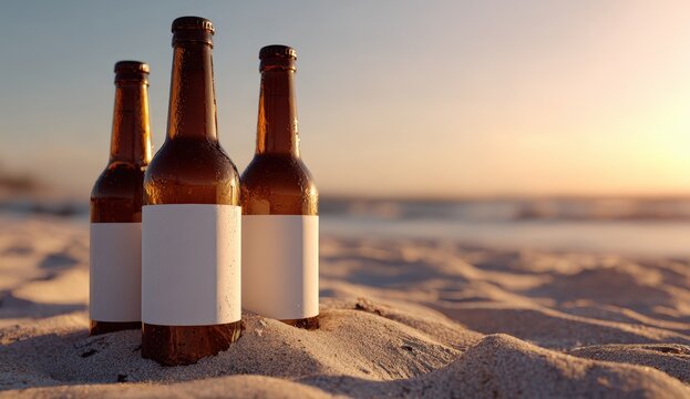Three brown glass beer bottles on a sandy beach at sunset - Powered by Adobe