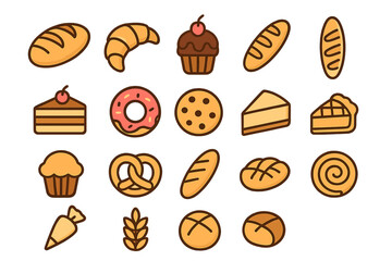 Bakery pastry icon collection. Dessert confectionery flat cartoon set. Vector bread, cake, donut, croissant, pie, pretzel and cookie graphic elements for baking and food.