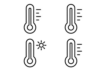 Thermometer icon set for temperature. Vector line art collection of weather symbols. Hot sun and cold climate measurement signs. Forecast outline pictogram for web and app.