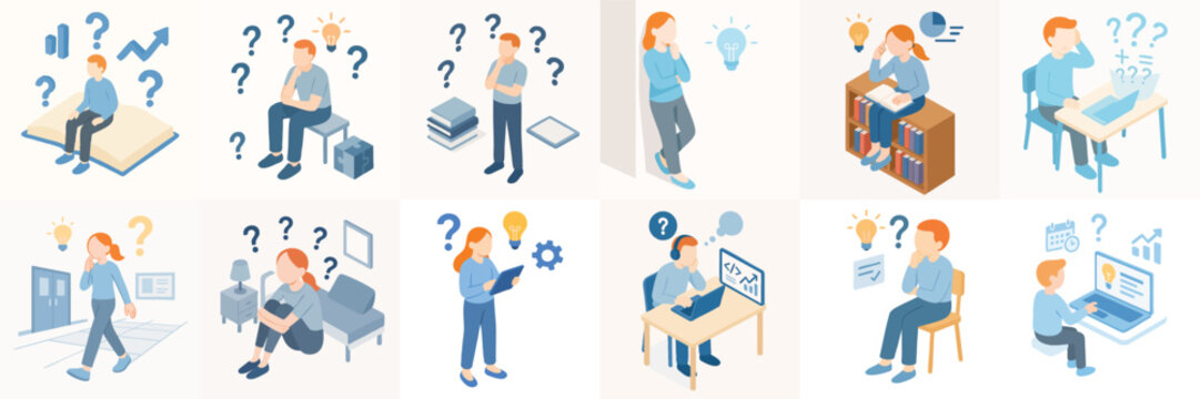 Isometric Business People Thinking Process with Lightbulb and Question Mark Illustration