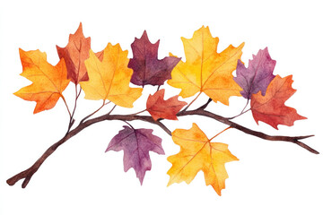 Obraz premium Vibrant autumn leaves in orange, yellow, red, and purple cling to a delicate branch, captured in a watercolor style with soft edges and natural seasonal beauty.