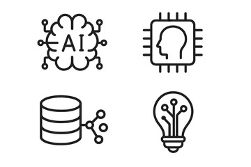 Artificial intelligence line icon set. AI technology, machine learning, big data, and innovation symbols. Vector outline pictogram collection for deep learning and neural networks.
