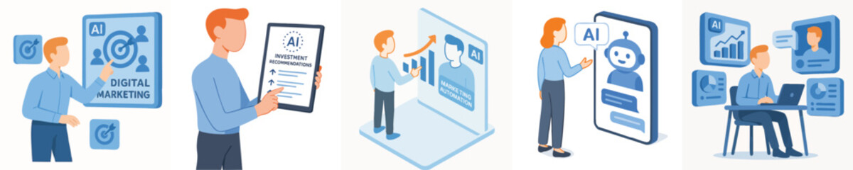 Isometric Business Technology and Data Analysis with People Interaction Illustration Set