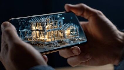 Hands holding a phone displaying a 3D model of a house under construction