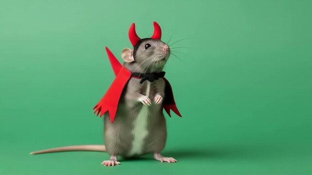 A rat wearing devil horns and a red cape stands against a green background