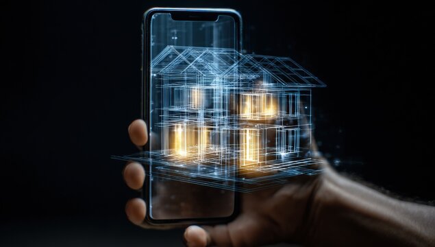 Smartphone displaying a holographic house design