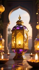 Glowing Ornate Lantern Surrounded by Diya Lights