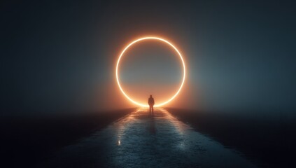 Silhouette figure before glowing circle