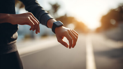 Runner checking smartwatch on a sunny road