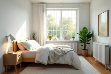 Cozy single bedroom with white walls, a comfortable bed, and natural light streaming through a window Perfect for a minimalist or student aesthetic , peaceful, interior