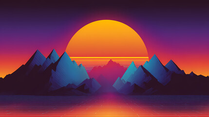 Obraz premium Vaporwave Sunset A Retro Landscape of Mountains, Sun, and Reflections in a Vivid Color Palette
