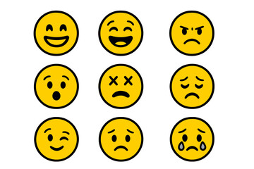 Emotion expression icon set. Smiley face and mood emoji collection. Vector cartoon illustration of emoticons. Happy, sad, angry, surprised faces. Customer feedback.