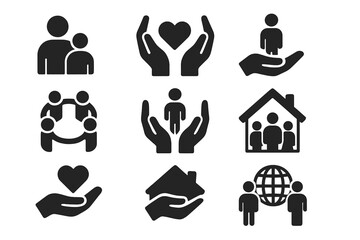 Family and community solid icon set. Social work, charity, and volunteering concepts. Support, care, donation, and aid symbols. Vector icons for shelter, love, and unity.