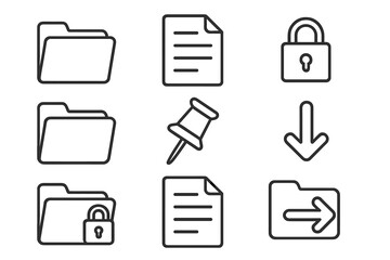 File management outline icon set for UI and UX. Collection of linear symbols like folder, document, security lock, pin, download arrow, and data transfer for web design.