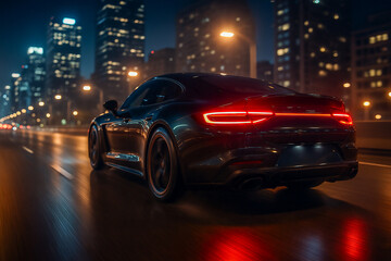 Fototapeta premium Car Driving Fast on Wet City Road at Night