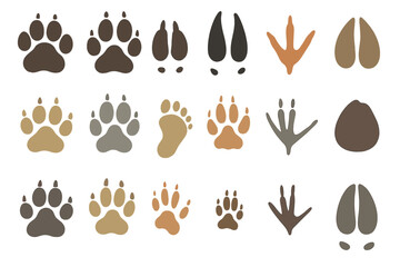 Animal tracks vector set. Big collection of footprints. Paw prints of dog, wolf, cat, fox, bear. Hoof trail of deer, pig. Bird foot. Wildlife, forest animal flat icon pack.