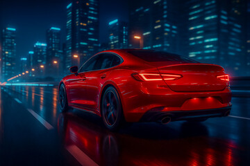 Fototapeta premium Car Driving Fast on Wet City Road at Night