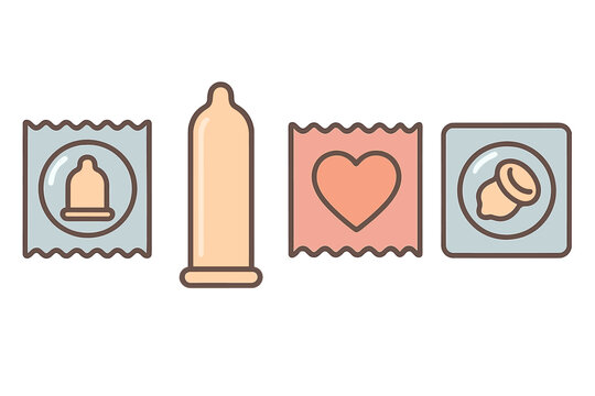 Condom vector icon set illustrating safe sex, contraception, and birth control. Flat cartoon collection of various condom packaging, wrapper, and latex shapes with heart icon.