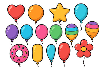 Colorful cartoon balloons set for party and celebration. Vector collection of fun festive balloon shapes like heart, star, flower and donut. Isolated birthday decoration elements.