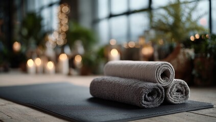 Rolled towels on yoga mat in a wellness space