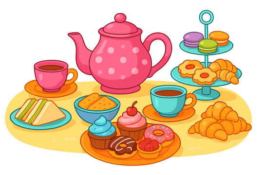 Cartoon tea party set. Afternoon tea with sweets, cakes, and pastries. Vector illustration of a teapot, cups, macarons, donuts, croissants, and sandwiches. Food celebration.