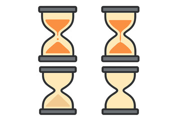 Hourglass vector icon set in flat style. Sandglass animation phases illustrating passage of time. Countdown, deadline, waiting concept. Sand clock timer cartoon illustration.