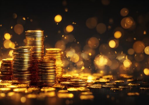 Golden coins stacked in a pyramid shape on a dark background with golden bokeh