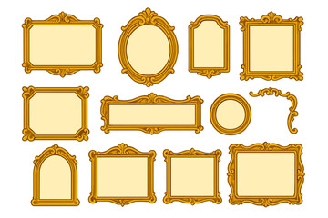 Elegant golden vintage frames set. Ornate baroque picture frame collection. Decorative antique gold borders. Classic luxury ornamental elements for design, mirror, or photo.
