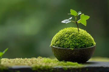 Lush Green Kokedama Moss Ball with Young Plant in Coconut Shell, Symbolizing Sustainable Growth.