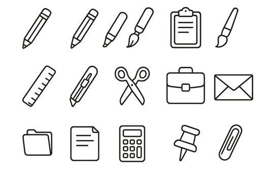 Office supplies outline icon set, stationery and writing tools collection, workspace essentials vector cartoon illustration with transparent background, ordered set 3