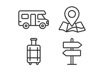 Road trip & travel icon set. Camper van, map location, luggage & signpost symbols. Line art icons for journey, vacation, camping & adventure. Navigation & transport concept.