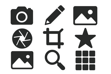 Photography tools solid icon set, camera editing and gallery icons, vector cartoon illustration with transparent background, creative photo design elements, ordered set