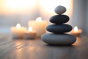 Tranquil Harmony - Stacked Zen Stones Illuminated by the Warm Glow of Candles.