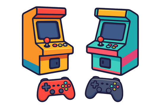 Retro gaming evolution concept. Nostalgic 80s arcade machine and modern game controller. Vintage video game icon set. Fun entertainment joystick and console vector cartoon.