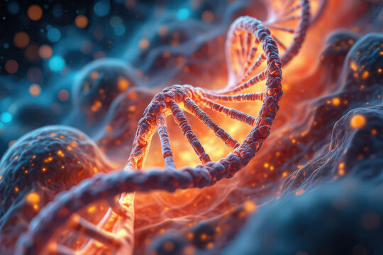 Detailed 3D Render of a DNA Double Helix Structure with Vibrant Orange and Blue Hues, Showcasing Genetic Code and Molecular Biology in a Scientific Visualization