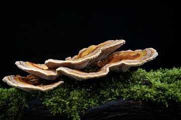 Elegant Polypore Fungi and Lush Green Moss in a Dramatic Still Life Composition.