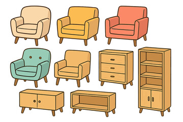Vector cartoon furniture collection. Set of mid-century modern armchairs, cabinet, bookshelf, tv stand. Retro scandi interior design elements for home decor isolated.