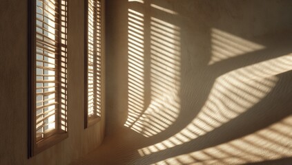 Sunlight streams through wooden blinds in a light-filled room
