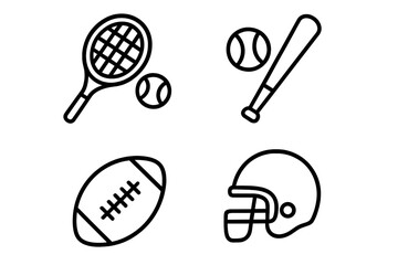 Sports equipment outline icon set featuring tennis racket and ball, baseball bat and ball, football and helmet, line art collection of athletic gear, vector cartoon illustration transparent background