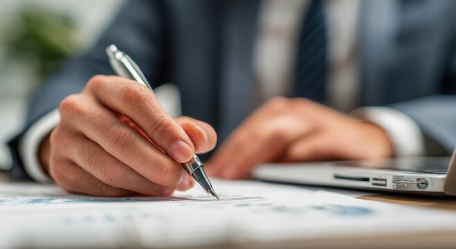 Close-up of a person writing on documents