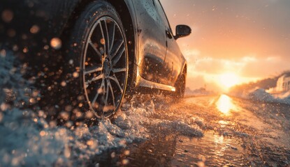 Car driving through snow-covered road at sunset