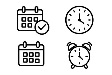 Time management outline icon set with schedule, clock, calendar, alarm clock symbols, productivity tools, planning, appointment, deadline, organization, vector cartoon illustration